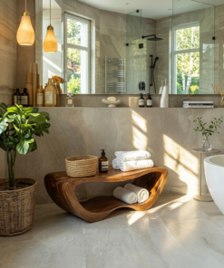 Alternative view of Solid Wood Organic Shower Bench with Open Towel Storage