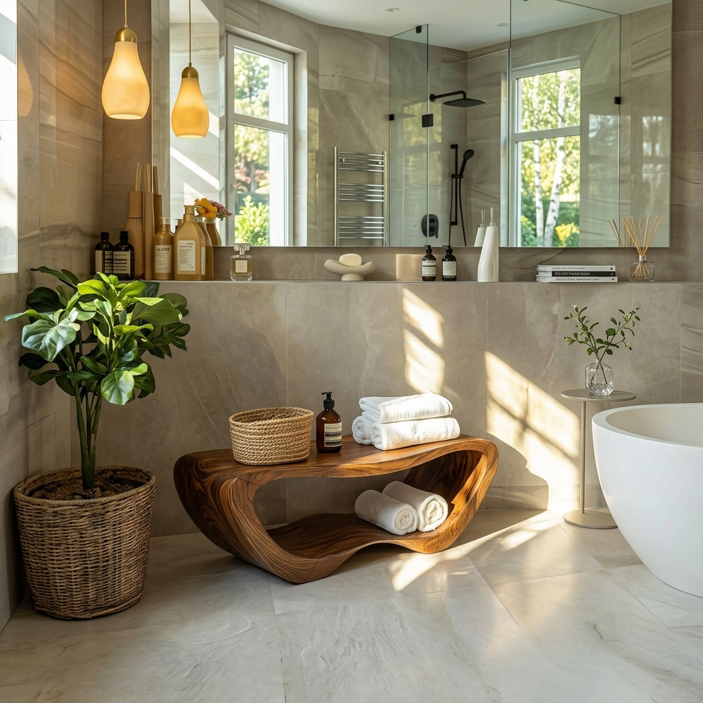 Solid Wood Organic Shower Bench with Open Towel Storage - Image 2