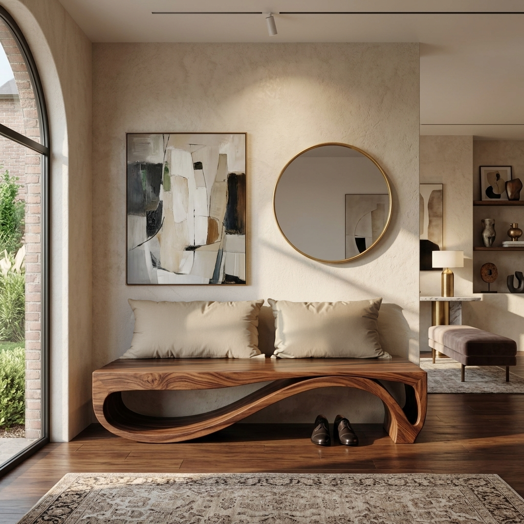 Sculptural Solid Wood Bench with Wave Base for Entryway - Image 2