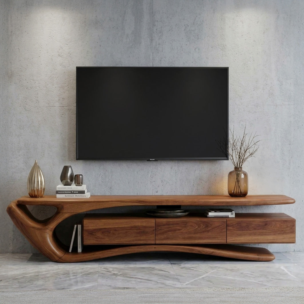 Sculptural Solid Wood TV Stand with Storage Drawers - Image 2