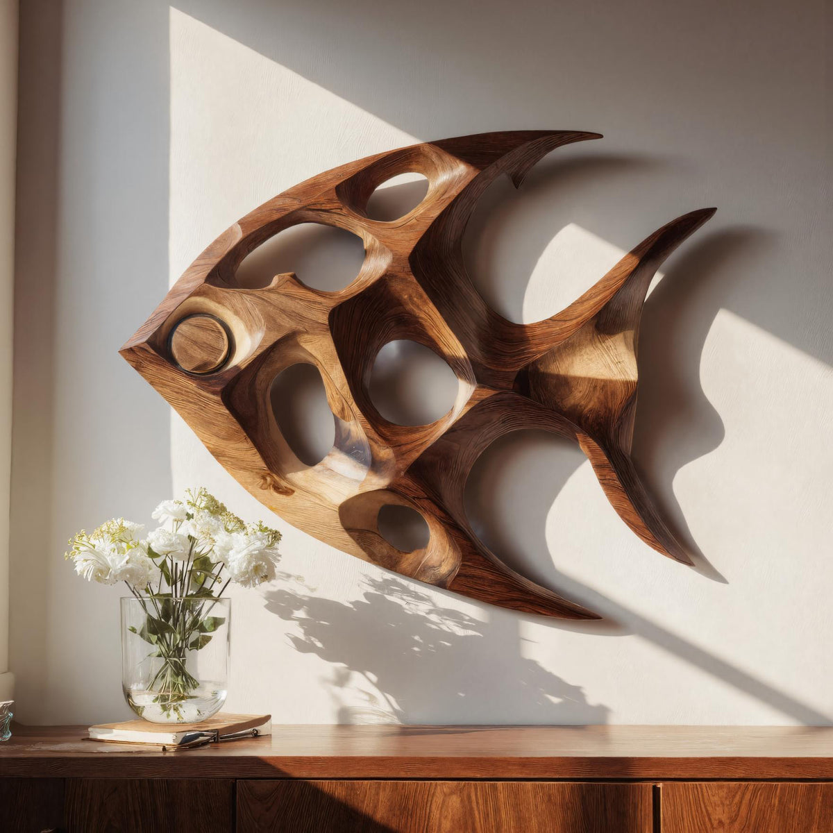 Fish Inspired Sculptural Solid Wood Wall Art with Open Voids - Image 3