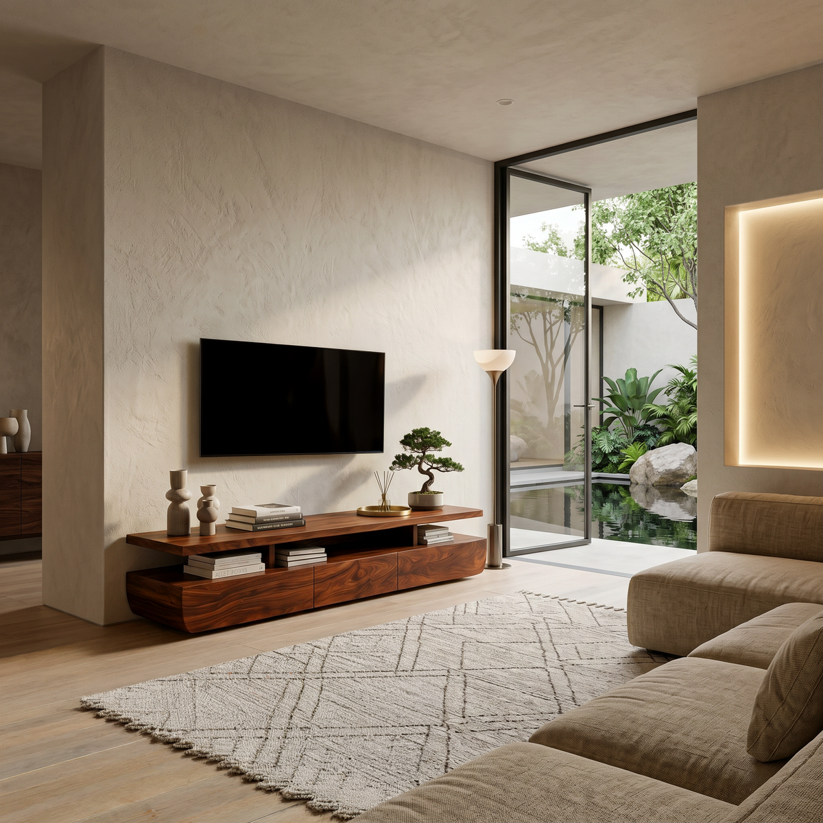 Contemporary Solid Wood TV Cabinet with Storage Drawers and Open Shelf - Image 2