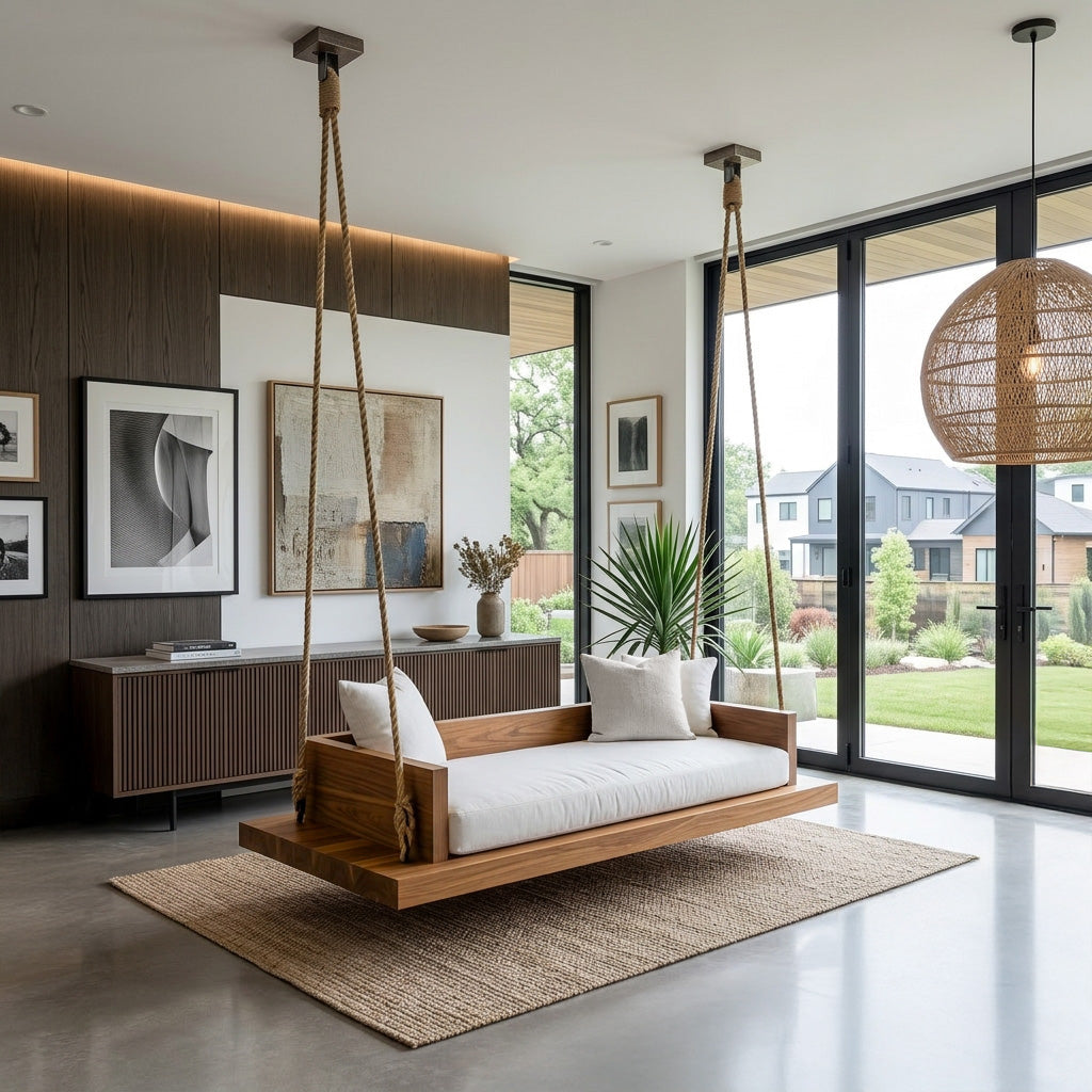 Solid Wood Hanging Ceiling Swing Seat with Natural Edge - Image 3