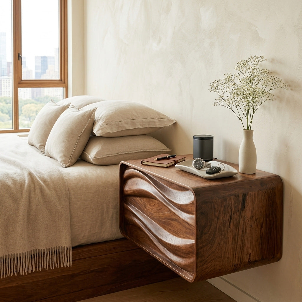 Floating Wall Mounted Nightstand with Carved Wave Drawer - Image 3