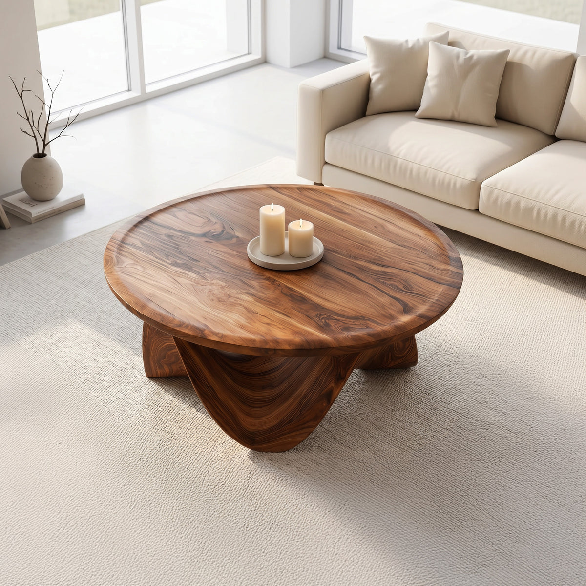 Round Solid Wood Coffee Table with Flowing Sculptural Base - Image 3