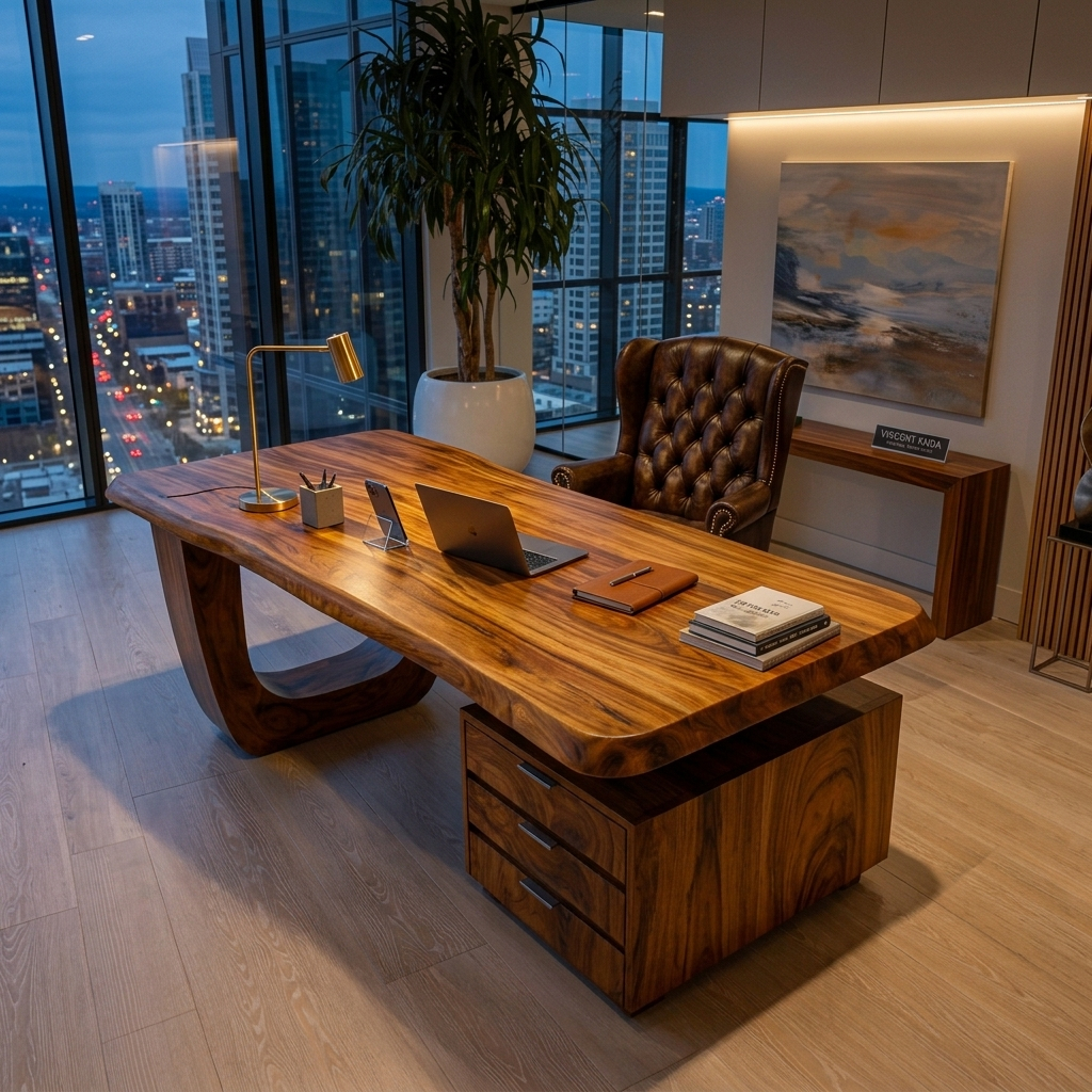 Minimalist Solid Wood Desk with Drawers and Curved Base - Image 3