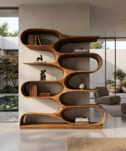 Alternative view of Organic Solid Wood Bookshelf with Wave-Shaped Curved Tiers
