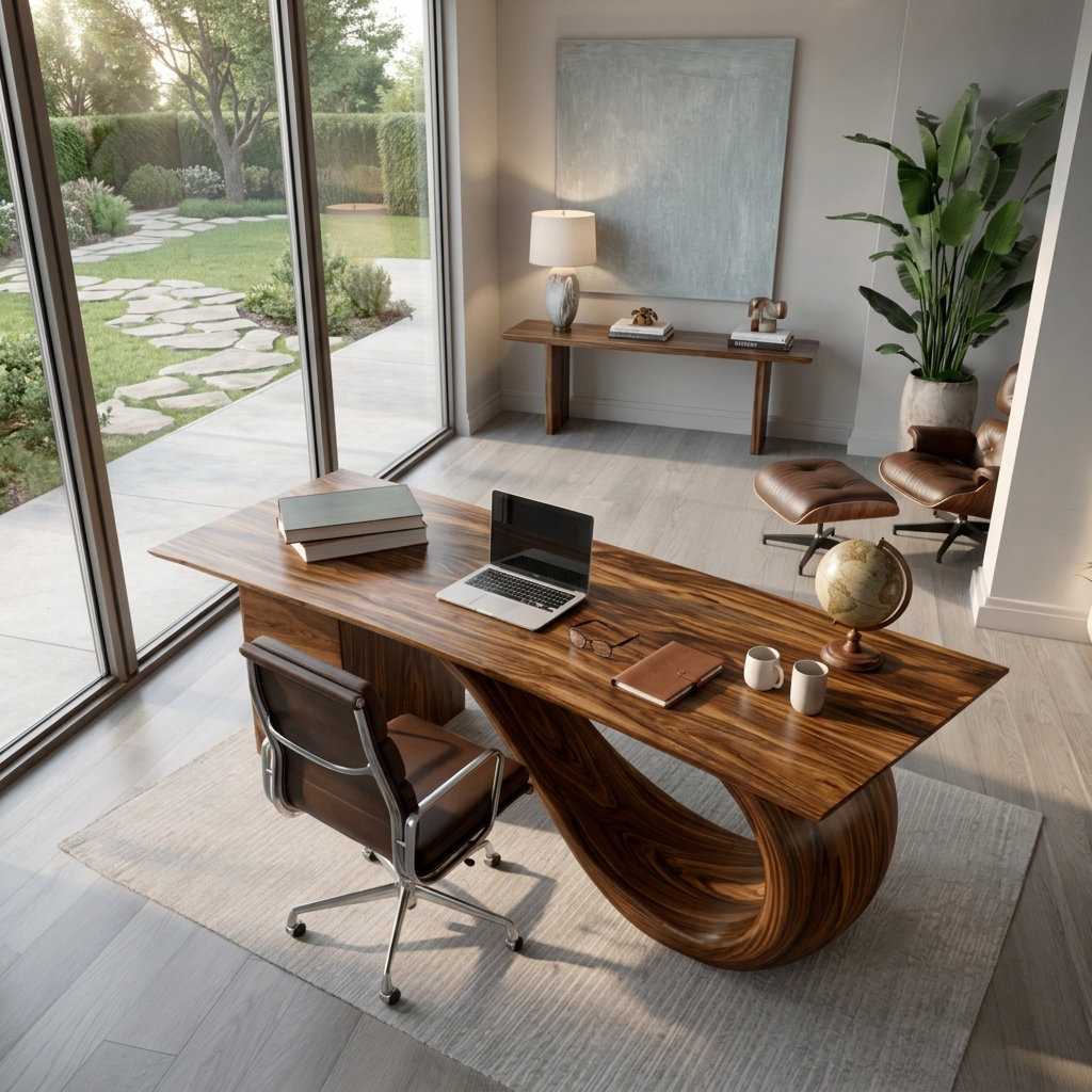 Modern Solid Wood Desk with Curved Sculptural Base and Drawers - Image 3