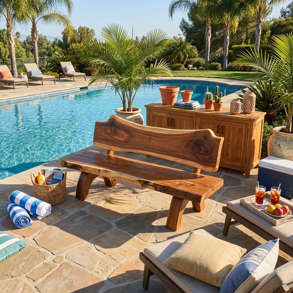 Rustic Live Edge Solid Wood Bench with Backrest for Patio - Image 3