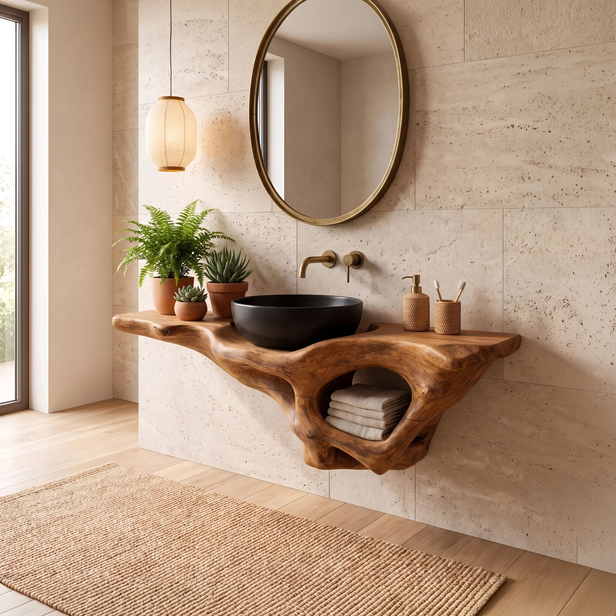 Mid-Century Live Edge Solid Wood Bathroom Vanity Shelf - Image 3