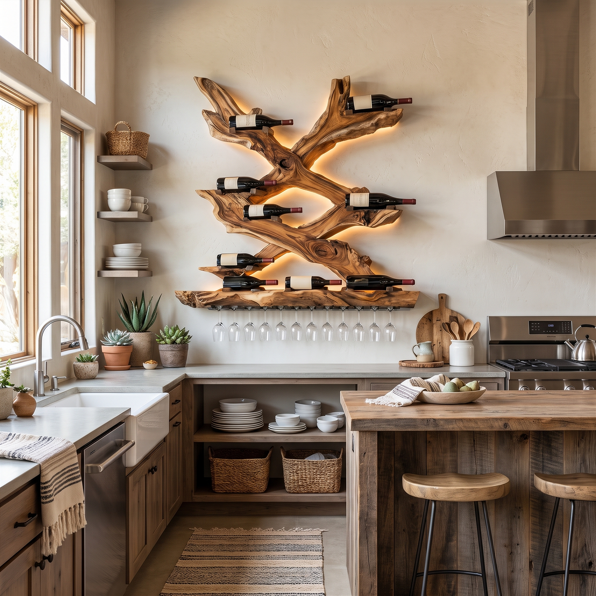 Monkeypod Wood Wall Wine Rack with Mid-Century Rustic Style - Image 3