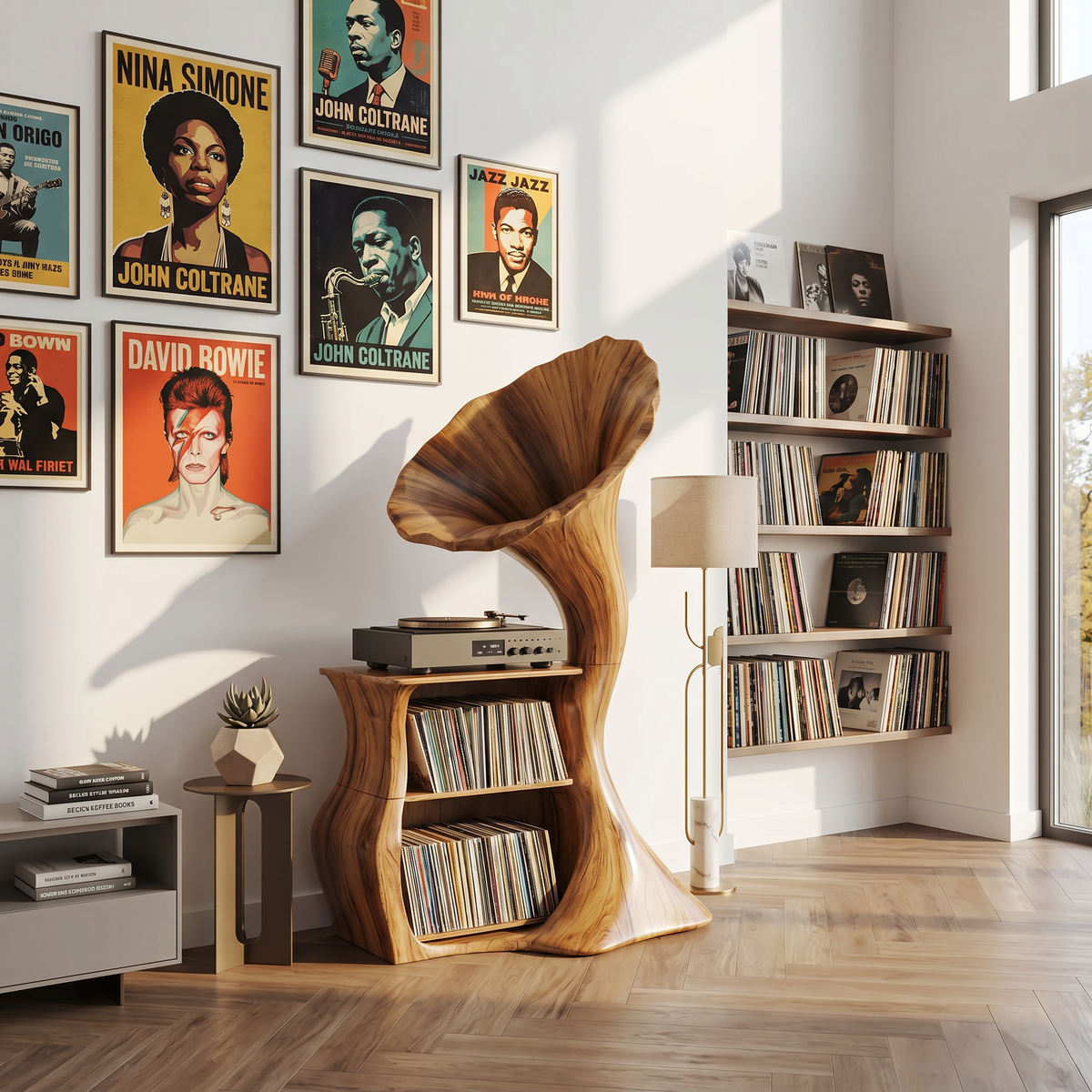 Handcrafted Hardwood Record Player Stand with Cube Storage - Image 2