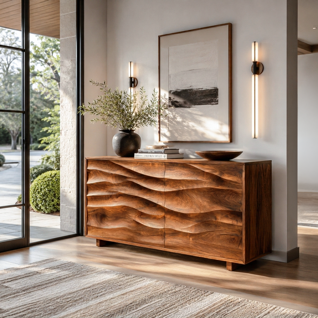 Wave Carved Solid Wood Sideboard with Sculpted Front Panels - Image 4