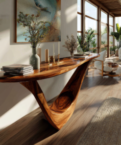 Solid Hardwood Console Table with Open Geometric Sculpted Base