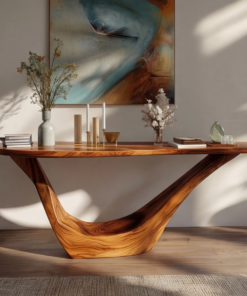 Alternative view of Solid Hardwood Console Table with Open Geometric Sculpted Base