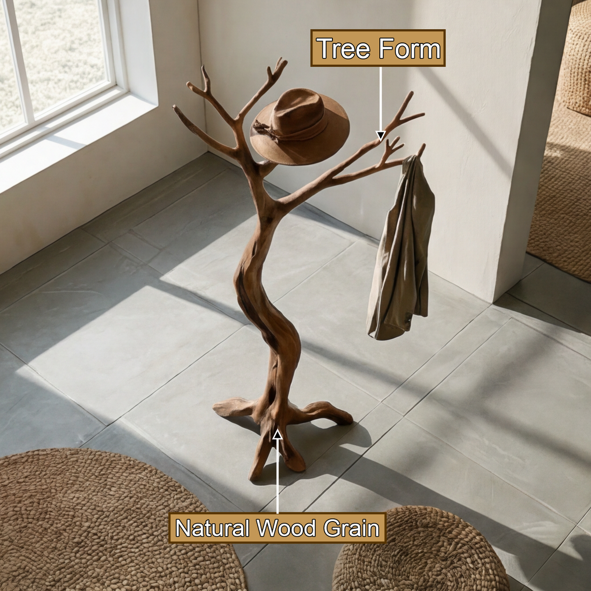Twisting Trunk Solid Wood Tree Coat Rack with Root Base - Image 3