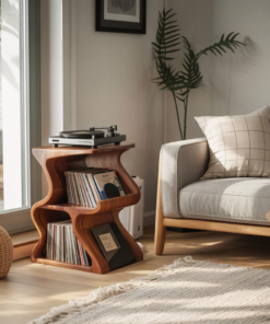 Solid Walnut Wave Record Player Stand with Vinyl Storage Tiers