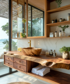 Coastal Live Edge Hardwood Floating Vanity with Drawers and Shelf