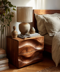 Hand-Carved Hardwood Wave Nightstand with Two Soft-Close Drawers
