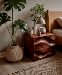 Alternative view of Hand-Carved Hardwood Wave Nightstand with Two Soft-Close Drawers