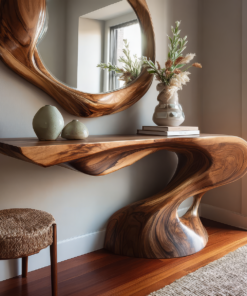 Sculpted Solid Hardwood Console Table with Flowing Pedestal Base