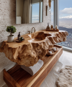 Carved Solid Hardwood Floating Bathroom Vanity with Integrated Sink