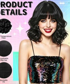 Alternative view of Black Short Wavy Bob Wigs BE32