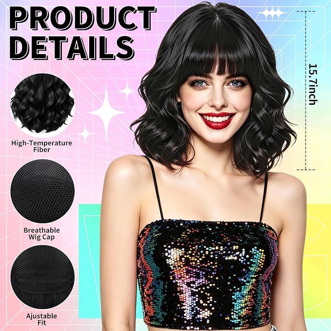 Black Short Wavy Bob Wigs BE32 - Image 2