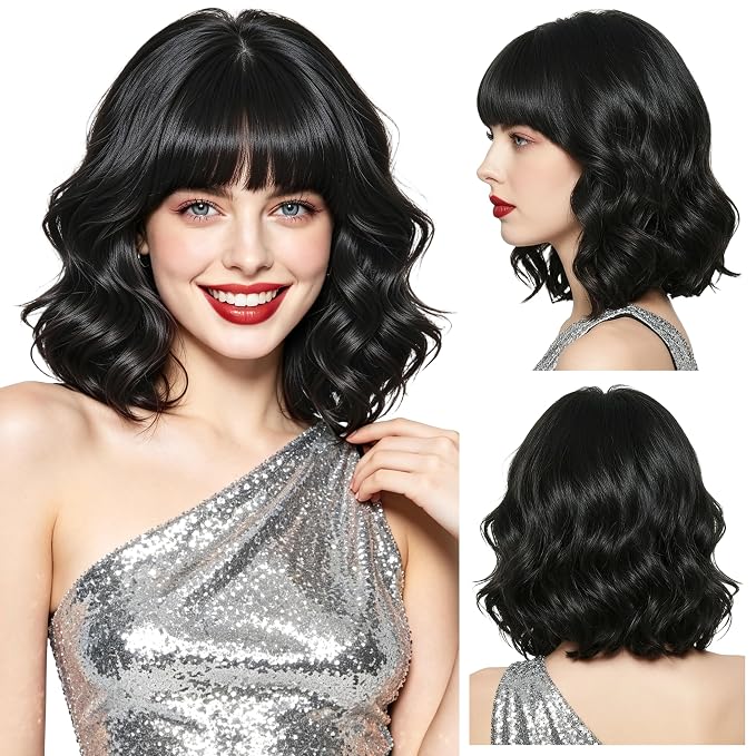 Black Short Wavy Bob Wigs BE32