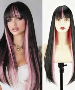 Black Mix Pink Long Straight Wig with Bangs BE49
