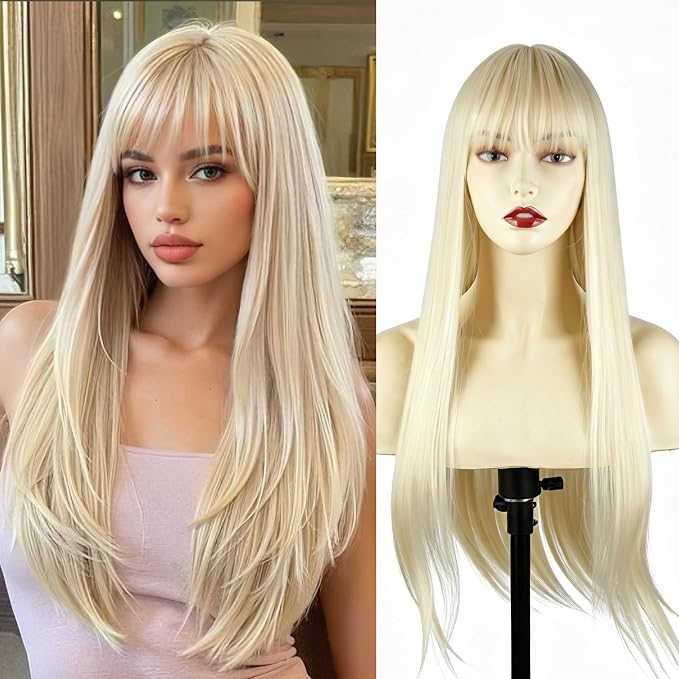 Blonde Long Straight Wig with Bangs BE48