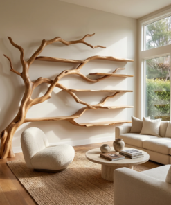 Solid Wood Tree Bookshelf with Wide Sculpted Branch Shelves