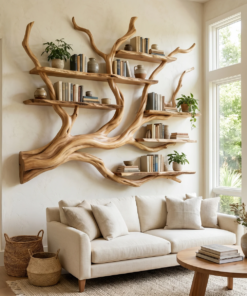 Solid Hardwood Floating Tree Bookshelf with Branching Canopy