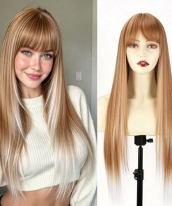 Brown and White Long Straight Wig with Bangs BE46