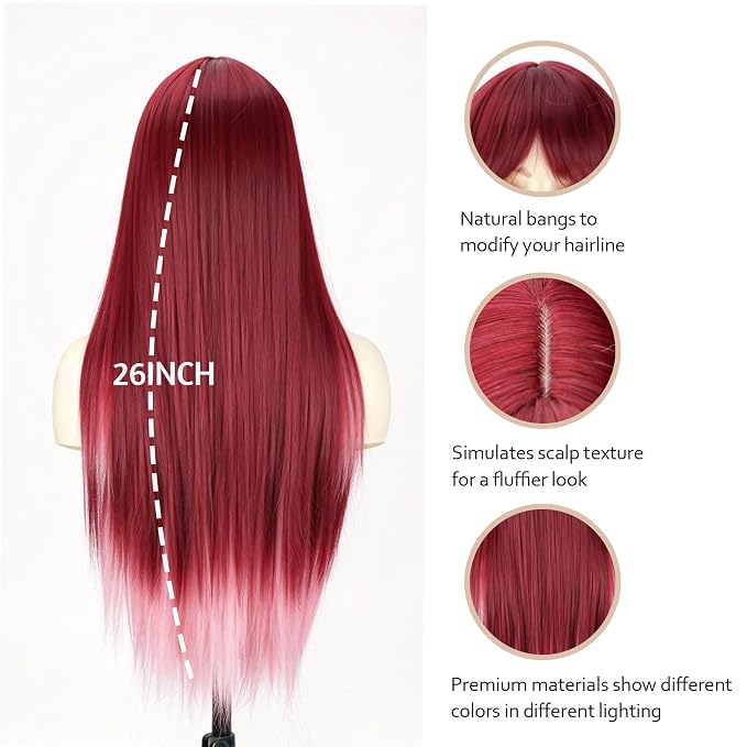 Burgundy And Pink Long Straight Wig With Bangs BE45 - Image 2