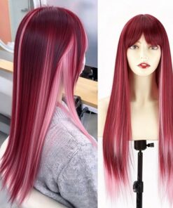 Burgundy And Pink Long Straight Wig With Bangs BE45