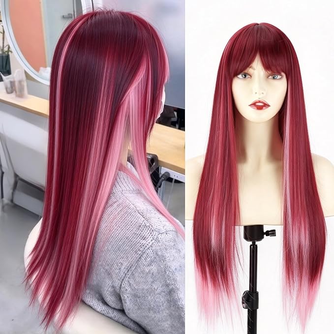 Burgundy And Pink Long Straight Wig With Bangs BE45