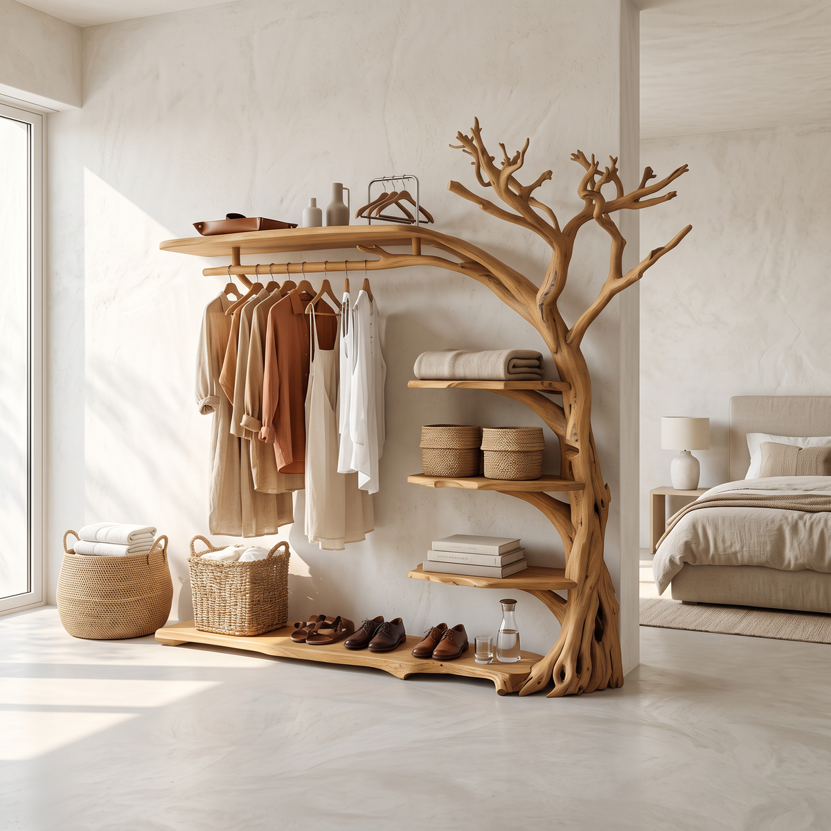 Rustic Tree Branch Coat Rack with Shoe Shelf and Live Edge - Image 5