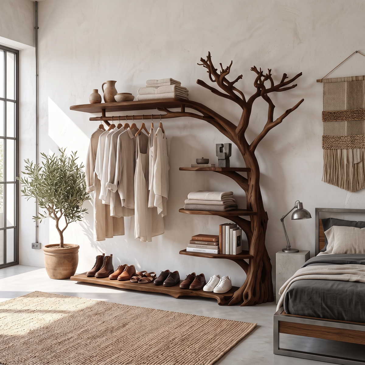 Rustic Tree Branch Coat Rack with Shoe Shelf and Live Edge - Image 7