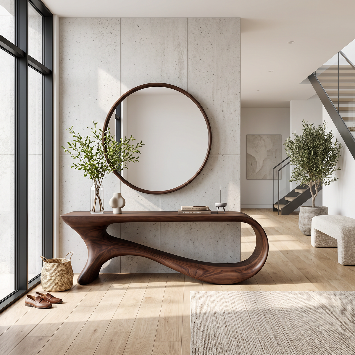 Mid-Century Curved Solid Wood Console Table for Hallways - Image 3