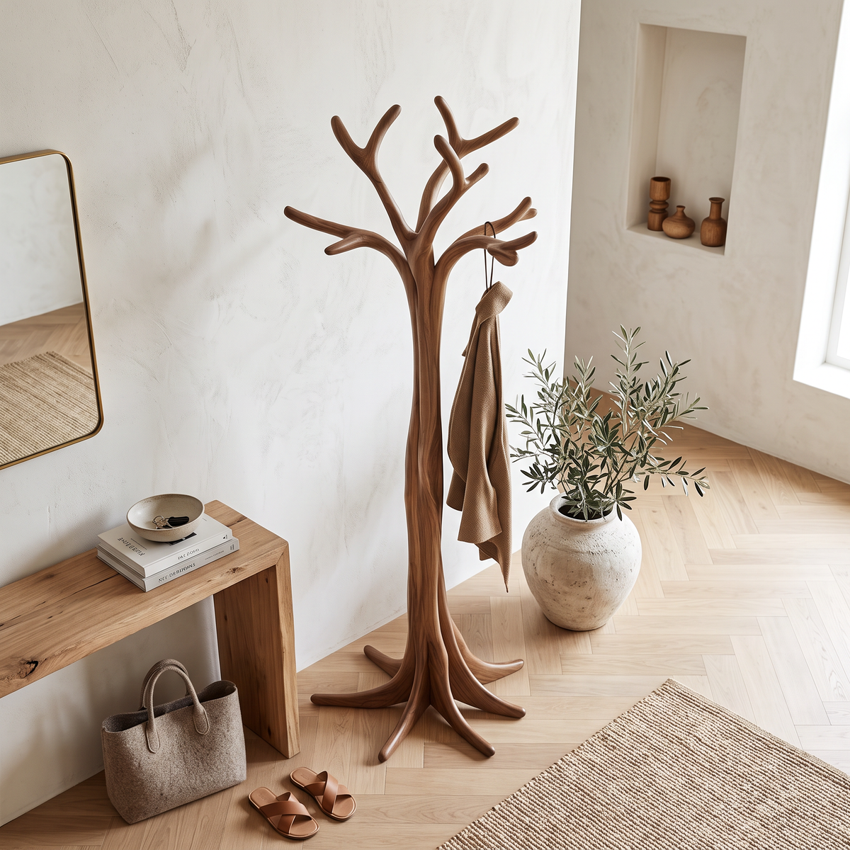 Rustic Solid Wood Tree Branch Coat Rack with Tripod Base - Image 3