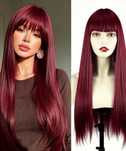 Dark Red Long Straight Wig With Bangs BE42