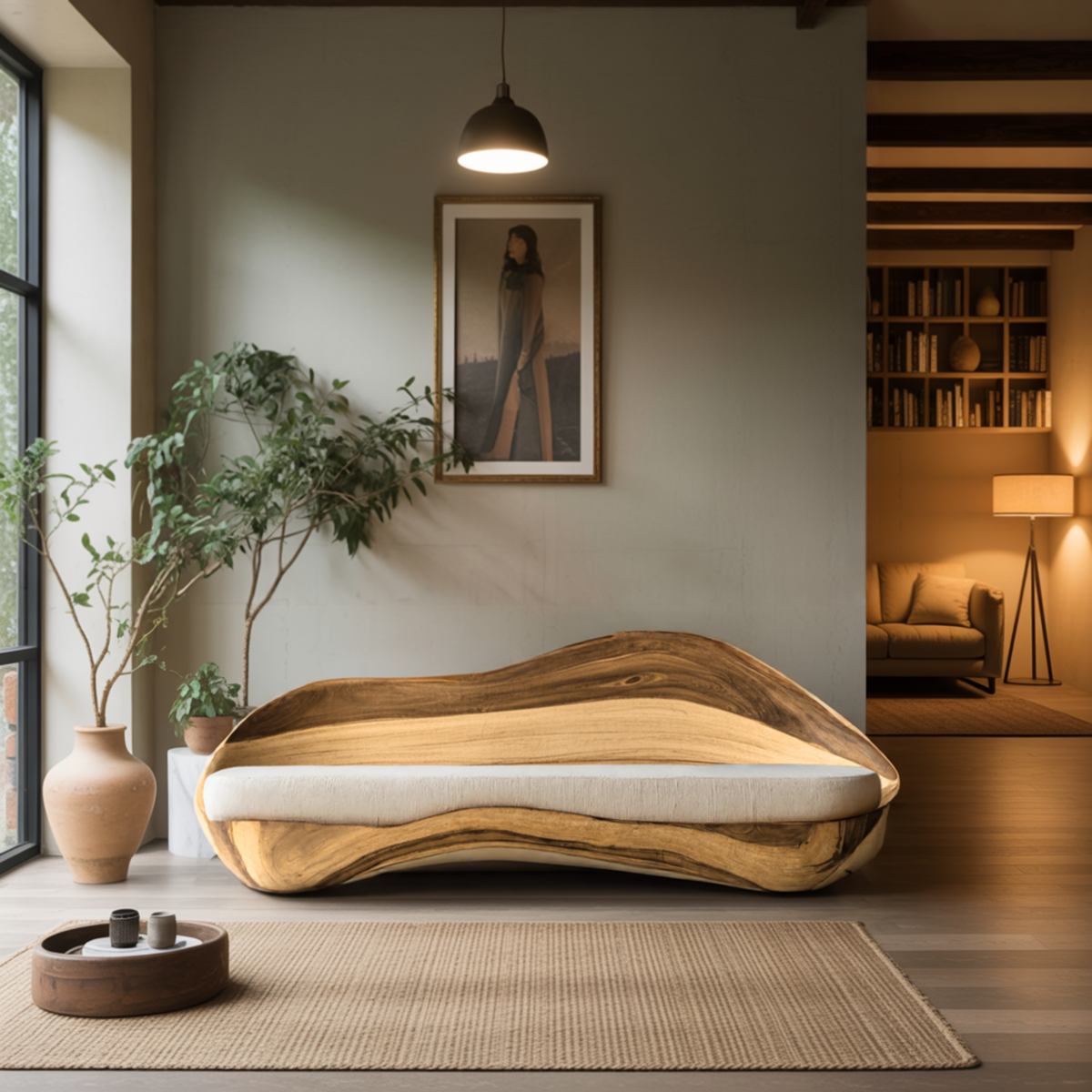 Solid Wood Live Edge Sofa with Wave-Inspired Frame and Cushions - Image 2