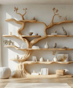 Sculpted Solid Wood Tree Bookshelf with Wall-Spanning Branch Shelves