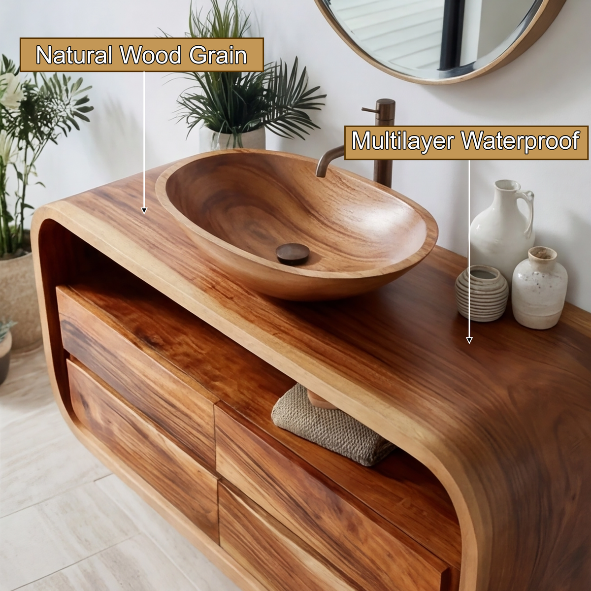 Sculpted Solid Wood Floating Bathroom Vanity with Rounded Edges - Image 4