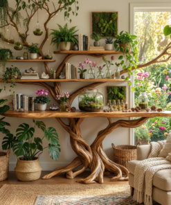 Branching Tree Solid Wood Console Table with Multi-Tier Shelves
