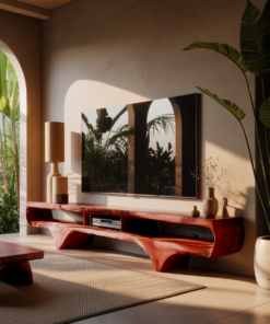 Alternative view of Solid Wood Sculptural TV Console with Wave Profile and Open Shelves