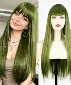 Green Long Straight Wig With Bangs BE51
