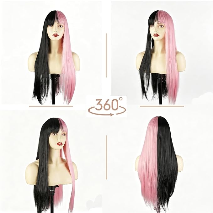 Half Pink Long Straight Wig With Bangs BE52 - Image 2