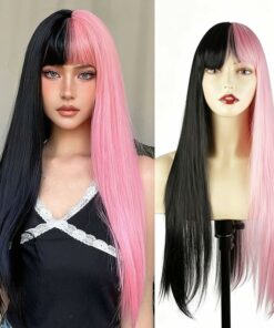 Half Pink Long Straight Wig With Bangs BE52